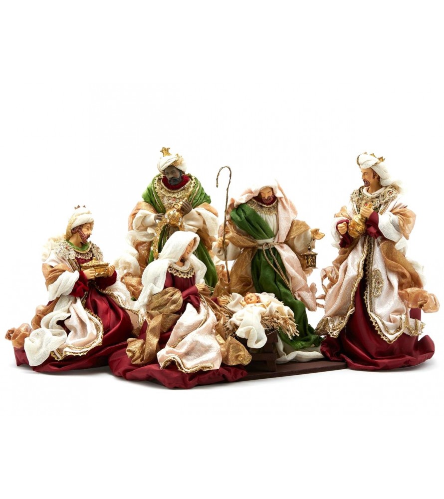 Magie Di Natale Natività Con Vestiti In Tessuto Bordeaux - Statue Per Presepe 52 Cm