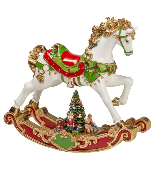 Carillon Cavallo a dondolo con Albero di Natale e Giocattoli H56 C/Led - Unica Noel