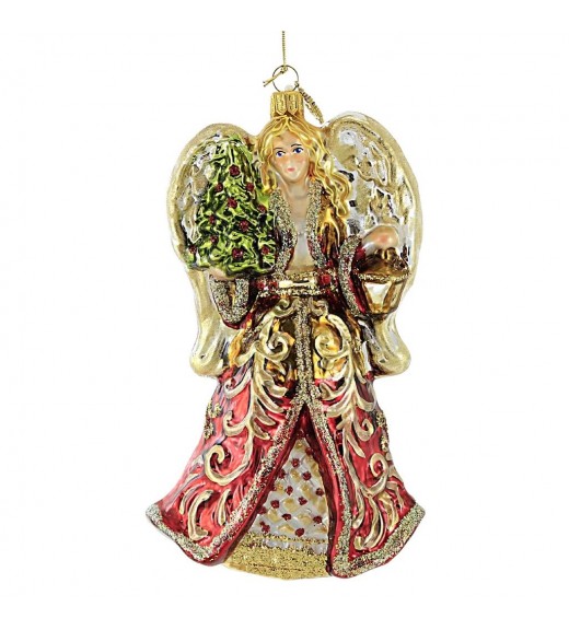Decoro in vetro soffiato Angelo con Albero e Lanterna H17 - Huras Family Poland