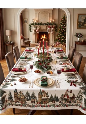 Tovaglia in lino stampa Xmas Village Rettangolare 180x270 cm - The Napking