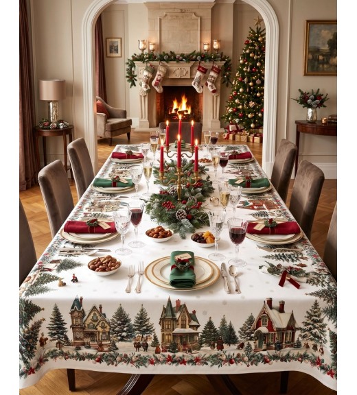 Tovaglia in lino stampa Xmas Village Rettangolare 180x270 cm - The Napking